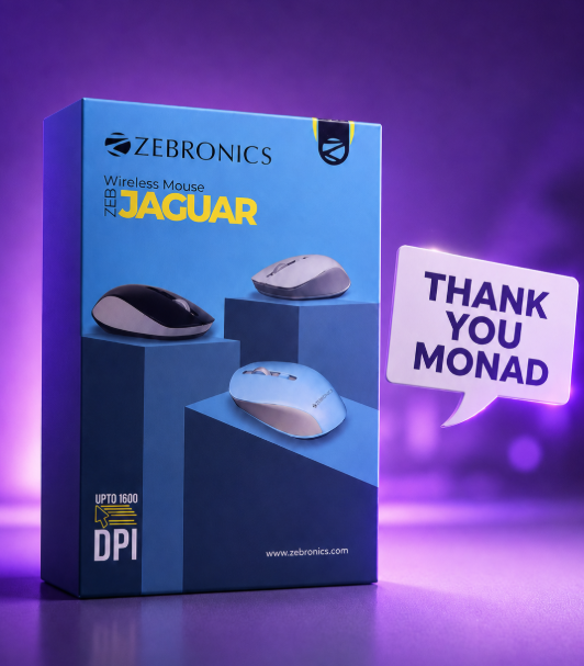 The image features a blue box with a white mouse inside, along with a message that reads "Thank you @monad team for the awesome monad Blitz. This was my first one from the participant side, last time i was organizing. finished 7th out of 54 teams and got this consolation prize." The box is placed on a purple background, which complements the white mouse inside it.