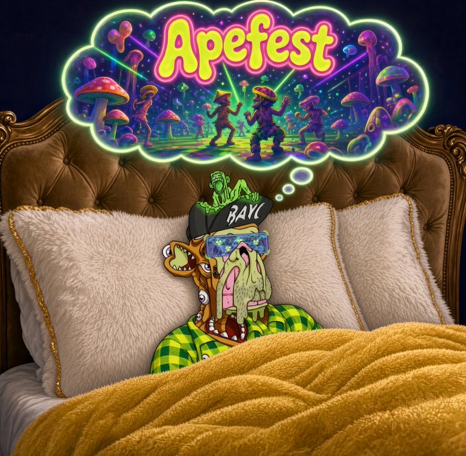 A digital artwork shows an ape character wearing a "BAYC" hat and star-shaped sunglasses lying in bed under a yellow blanket, dreaming of "Apefest" with dancing apes and colorful mushrooms.