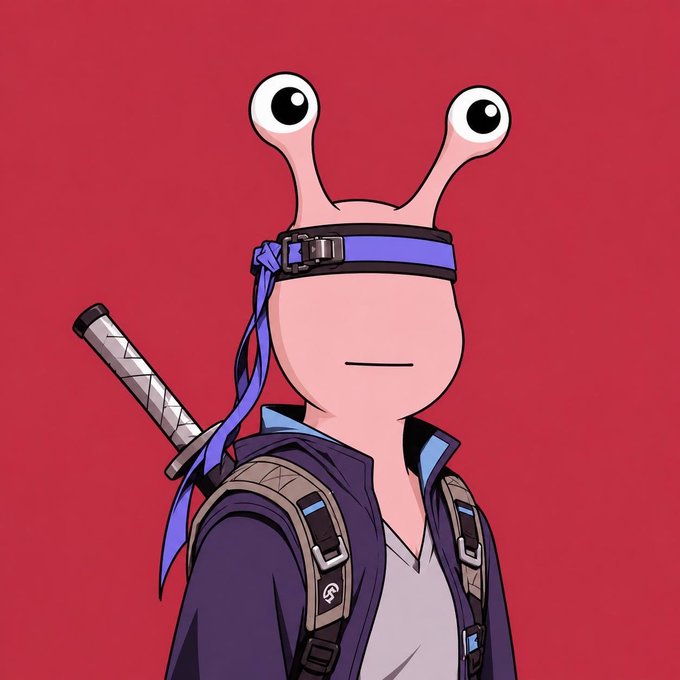 An illustration of a snail-like character with eyes on stalks wearing a blue headband and a dark jacket, carrying a katana on its back against a red background.