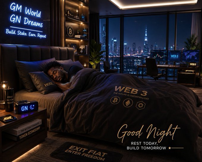 A stylized digital artwork of a person sleeping in a dark, cyberpunk-themed bedroom with a city skyline view, featuring neon signs reading 'GM World GN Dreams', 'WEB 3', 'Good Night', and 'EXIT FIAT ENTER FREEDOM'.