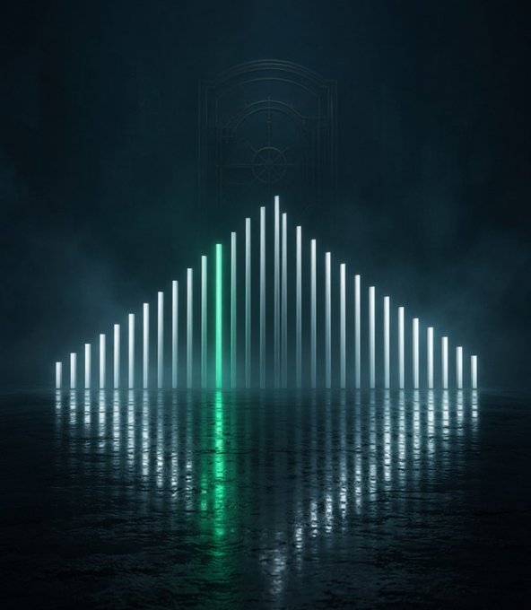 A glowing audio-style equalizer graphic rises against a dark background with one bar highlighted in green, suggesting a signal or outlier amid a field of static performance bars.

The visual mirrors the post's theme: agents can generate plenty of "noise" (many similar-looking bars), but proving they deserve capital means finding the one signal worth amplifying.