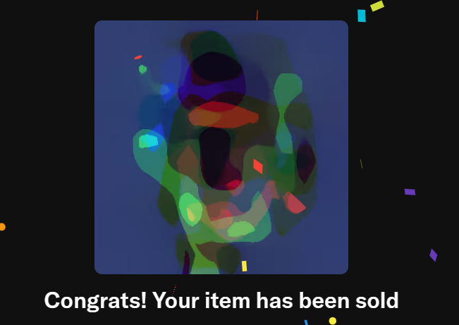 A colorful, abstract figure stands against a blue square background with confetti scattered around, accompanied by the text 'Congrats! Your item has been sold.'