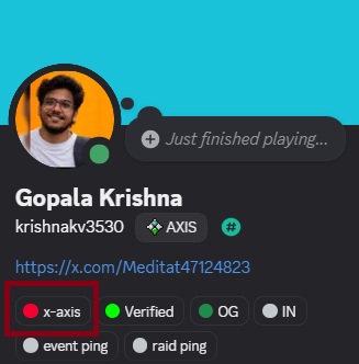 A Discord profile card displays the name 'Gopala Krishna' with the handle 'krishnakv3530' and a 'Verified' badge, indicating the user just finished playing 'x-axis' with a red box highlighting the role.