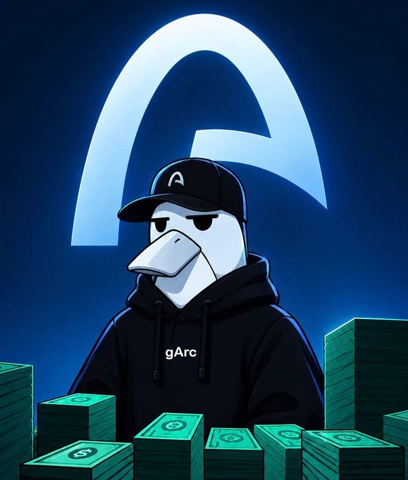 A cartoon duck wearing a black cap and hoodie labeled "gArc" stands in front of a glowing "A" logo, surrounded by stacks of green cash, visually representing the upcoming "Arc Trenches" launch day referenced in the promotional post about using BananaGun for quick buys.