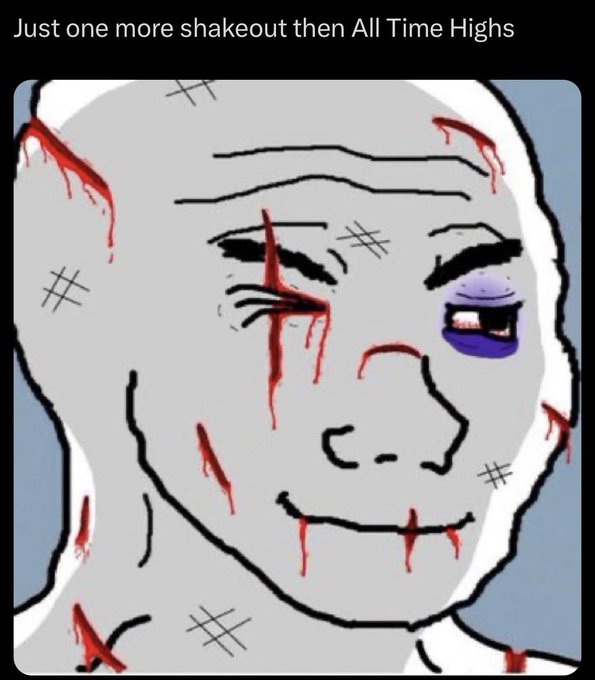 The meme depicts a bruised, blood‑splattered Wojak with the caption “Just one more shakeout then All Time Highs,” humorously echoing the post’s line “It never meant to be easy Just Chill and $Sato.”