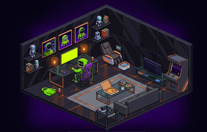 An isometric digital illustration of a dark, neon-lit gaming room featuring a figure at a computer setup, arcade cabinets, a couch, and wall art depicting an alien.