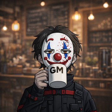 An anime-style character wearing a clown mask and dark tactical gear holds a white mug labeled 'GM' in a warmly lit cafe setting.