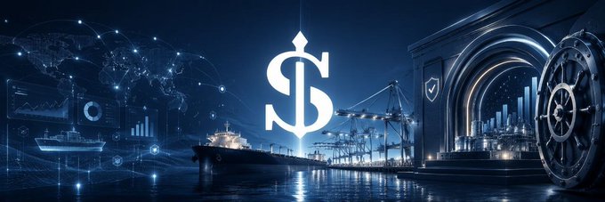 A digital banner featuring a glowing dollar sign with a ship's anchor integrated into its design, set against a backdrop of cargo ships, shipping ports, and a large vault.