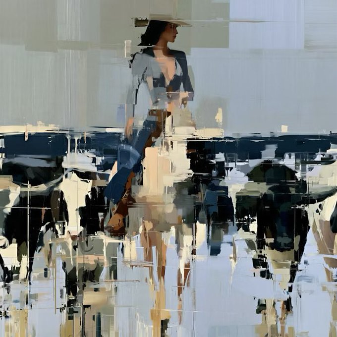 An abstract oil painting depicting a figure wearing a hat, rendered with broad, glitchy brushstrokes in blues, whites, and beige tones against a fragmented background.