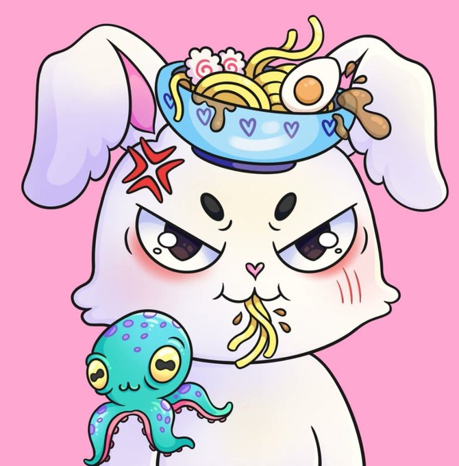 A cartoon illustration of an angry white bunny with a bowl of ramen noodles and an egg on its head, while eating noodles, next to a cute green octopus with pink suction cups against a pink background.
