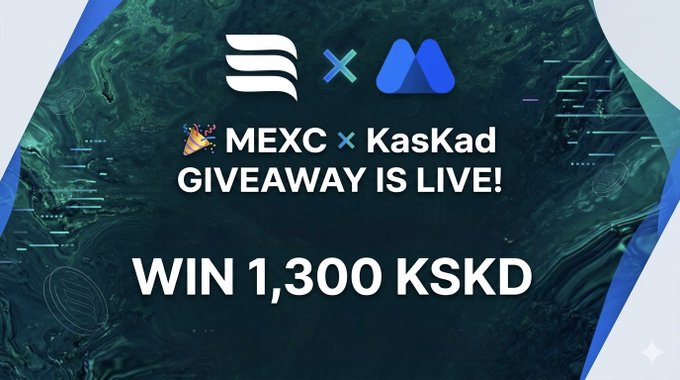 The image features a promotional poster for a giveaway event, where two companies - MEXC and KasKad - are collaborating to offer a grand prize of 13,000 KSKD each. The poster includes a blue banner with white text that reads "MEXC x KasKad Giveaway is live! Total Prize Pool: 13,000 KSKD Each winner gets: 1,300 KSKD How to join: Follow @MEXC_BD Follow @AppKaskad Fill out the form forms.gle/ywHexK8XPmugAJ". The image also includes a blue and white logo for MEXC and KasKad, as well as a small image of a coin on the poster.