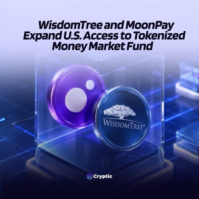 A stylized 3D rendering shows the MoonPay and WisdomTree logos on translucent coins displayed within a glass cube, under the headline "WisdomTree and MoonPay Expand U.S. Access to Tokenized Money Market Fund," visually representing the partnership to broaden access to the WTGXX tokenized money market fund for U.S. investors.