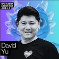 The image features a man wearing a black t-shirt with a heart design, smiling at the camera. The background of the photo has a blue and purple color scheme, which complements the man's attire. In the bottom right corner of the image, there is text that reads "Breaking News: Veve Veve's CEO @DavidYuNZ will be speaking on Friday June 5th at NFC Lisbon on the future of Veve We already know there will be two new verticals announced". The post seems to be promoting an event or gathering related to Veve and its future plans.