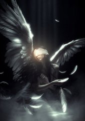 A dark, dramatic digital artwork depicting a winged angelic figure holding glowing feathers, with light radiating from the figure's head in an otherwise shadowy composition.