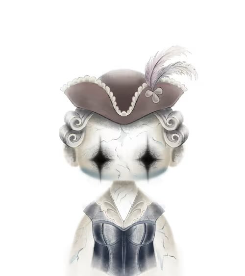 A haunting illustration depicts a cracked porcelain doll wearing a brown tricorn hat adorned with pearls and a feather, paired with a matching corset. The doll's empty, star-shaped black eyes and damaged face create an eerie, unsettling atmosphere that reflects the post's cryptic inquiry about the current state of "Robihood Chain."