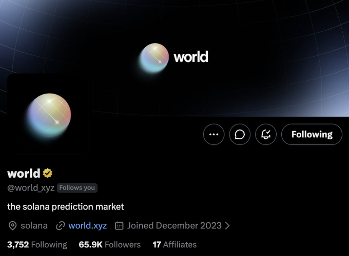 A screenshot of the Twitter/X profile for World (@world_xyz), which describes itself as "the solana prediction market," showing 65.9K Followers and a "Follows you" badge, referenced in the post as the platform rumored to be distributing an airdrop.