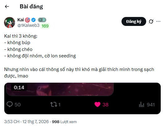 A Twitter/X post by user Kai (@1Kaiweb3) displaying a screenshot with Vietnamese text reading "Bài đăng" (Post) and listing three "không" (no's): "không búp," "không chèo," and "không đội nhóm, cờ lon seeding" — a parody reframing of the "3 no's" meme, with view counts showing 941 views and 50 comments.