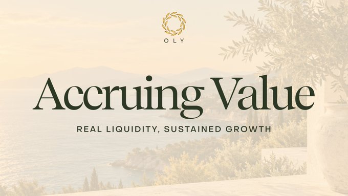 A serene promotional image features the 'OLY' logo and text reading 'Accruing Value' with the subtitle 'REAL LIQUIDITY, SUSTAINED GROWTH' against a background of a coastal landscape.