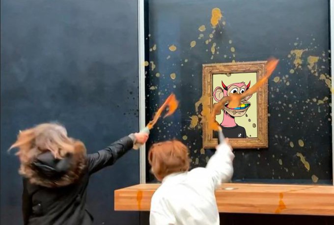 Two children gleefully squirt yellow paint or mustard at a framed Pink Panther cartoon, splattering the wall behind it. The image playfully echoes the post's mockery of Bored Ape NFTs as worthless "PSA 10 JPEGs" by literally hurling substances at a framed cartoon artwork, suggesting that even kids find more value in vandalizing a picture than collectors find in pricey digital monkey JPEGs.