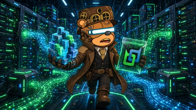 Stylized illustration of a steampunk teddy bear character in a server room, holding a glowing blue cube in one hand and a green holographic screen displaying a 'G' logo in the other.