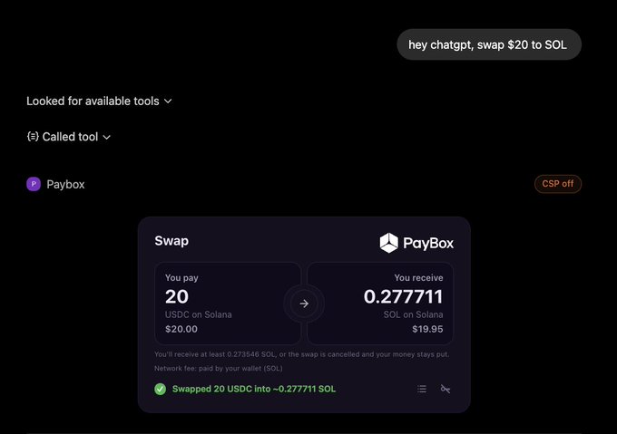 A ChatGPT interface shows a user requesting to "swap $20 to SOL," which triggers the Paybox tool to execute the transaction, converting 20 USDC into ~0.277711 SOL. This illustrates the post's concept of connecting ChatGPT to a MoonPay Paybox wallet to perform crypto swaps and other automated financial actions.