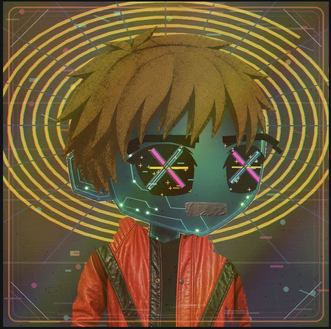 Digital artwork of an anime-style character with brown hair, a teal robotic face with glowing circuitry, X-shaped eyes, and a red jacket, set against a background of concentric yellow circles.