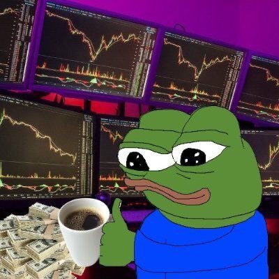 The Pepe the Frog meme depicted as a trader sitting in front of multiple monitors displaying red stock charts, holding a coffee cup with piles of cash stacked around him.