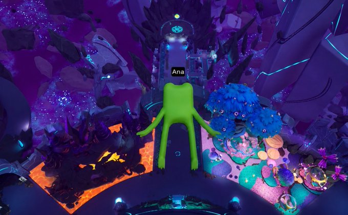 A screenshot from a video game features a green, octopus-like avatar named 'Ana' standing in a vibrant, otherworldly environment filled with purple crystals, glowing plants, and dark rocks.