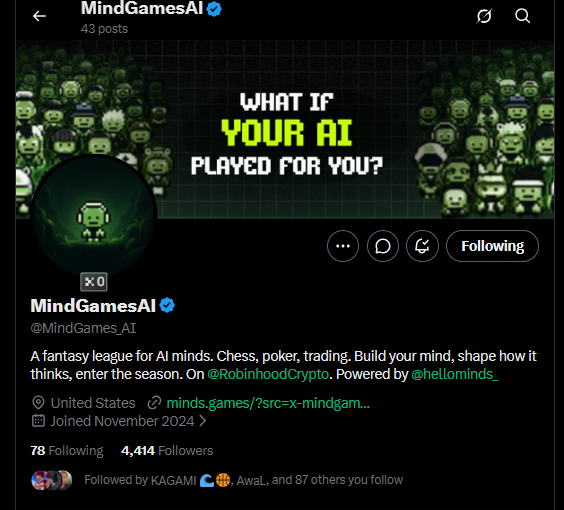 Twitter/X profile page for MindGamesAI (@MindGames_AI) featuring the tagline 'WHAT IF YOUR AI PLAYED FOR YOU?' and describing a fantasy league for AI minds focused on chess, poker, and trading.
