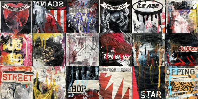 A grid of mixed-media paintings featuring chaotic, dark imagery, text like 'PLEAS', 'Destruction', 'ROCK', 'BLOCCED', 'STREET', and 'STAR', and dripping paint effects.