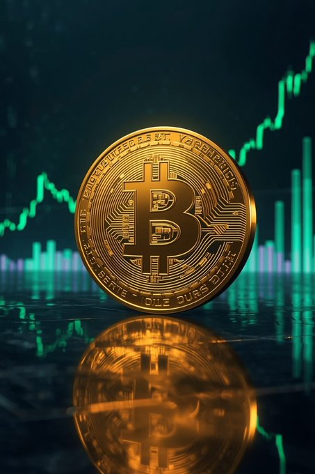 A golden Bitcoin coin stands prominently in the foreground, reflected on a dark glossy surface, with an upward-trending green candlestick chart visible in the background—symbolizing the recent large-scale BTC transfer by corporate holders like MARA, which moved 6,000 BTC worth approximately $384.6 million.