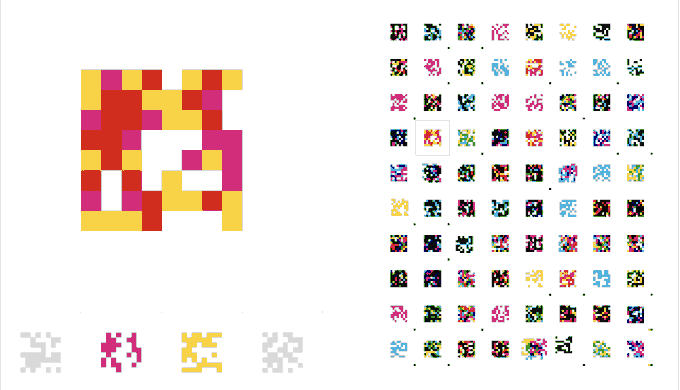 Pixel art showing a colorful 8-bit style icon being created, with a large pixelated graphic on the left and a grid of smaller pixel art variations on the right.