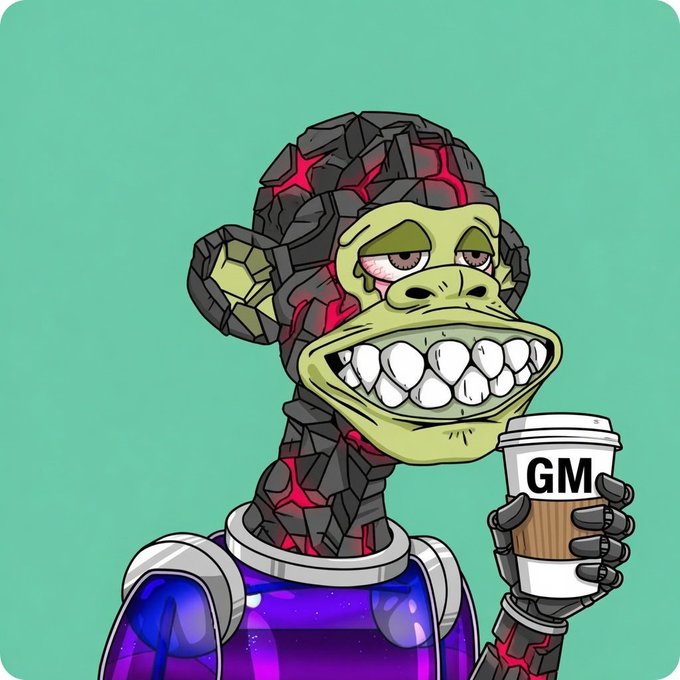 The image features a cartoon monkey wearing a purple shirt holding a cup of coffee while standing against a green background. The caption below the image reads "gm legends monday reset, let's catch some fresh @quipnetwork is doing something far more dangerous and powerful: they are consistently executing in silence: better node tools, expanding".