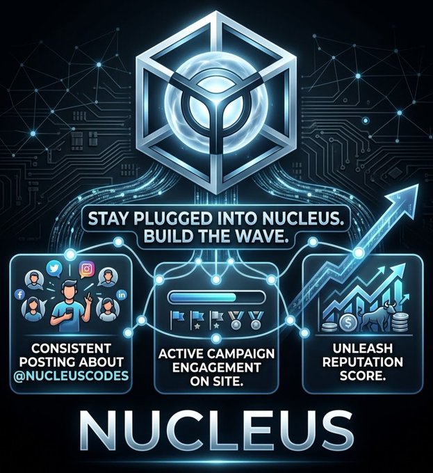 A promotional graphic for "NUCLEUS" encouraging users to stay plugged in with instructions for consistent posting about @nucleuscodes, active campaign engagement, and building reputation score.