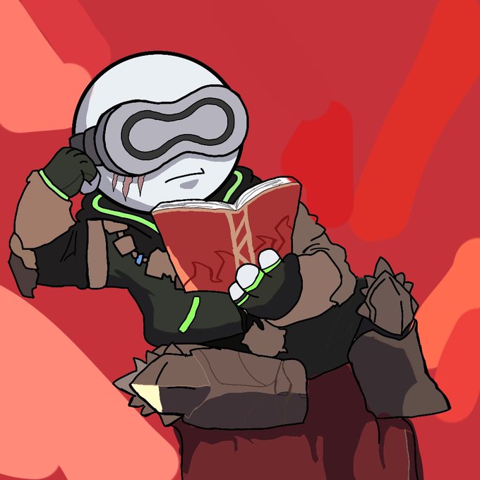 A cartoon illustration of a character wearing a futuristic white helmet and dark outfit with green accents, sitting and reading a red book against a red background.