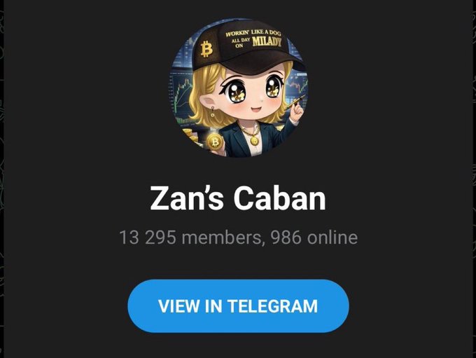 A Telegram group preview for "Zan's Caban" showing 13,295 members with 986 online, featuring a blonde character wearing a "WORKIN' LIKE A DOG ALL DAY ON MILANV" Bitcoin cap while holding a Bitcoin coin. The image serves as a link preview promoting the channel where the poster claims to start a $4 to $80,000 SOL challenge and gives away 1 SOL to the first 777 members who interact.
