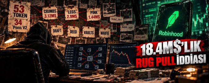 A hooded figure sits before monitors analyzing crypto charts, with sticky notes displaying tokens like "CRUMBS 3.12M$", "LEGS 2.9M$", "PINK 1.44M$" and "DRAFT," "DEED," "VAULTS," "WAIFU" connected by red lines—next to a phone showing the Robinhood logo and the bold claim "18.4M$’LIK RUG PULL İDDİASI" (18.4M Dollar Rug Pull Allegation). The image visually illustrates the on-chain analyst Wazz's findings linking 53 tokens to a coordinated operation totaling $18.43M in gains.