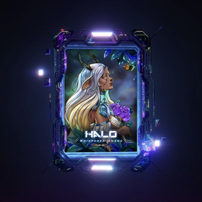 A digital illustration of a white-haired elf-like character holding purple flowers is framed within a futuristic neon-lit display, with text reading 'HALO WHISPERED OMENS'.