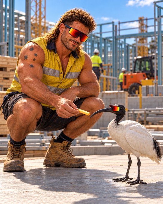 A muscular man in a yellow high-visibility vest and sunglasses crouches at a construction site, holding food out to an Australian ibis bird.