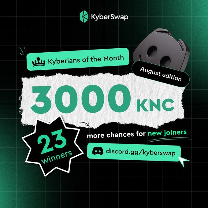 A promotional graphic for KyberSwap announcing 'Kyberians of the Month August edition' with a prize pool of '3000 KNC' for '23 winners' and a link to their Discord server.