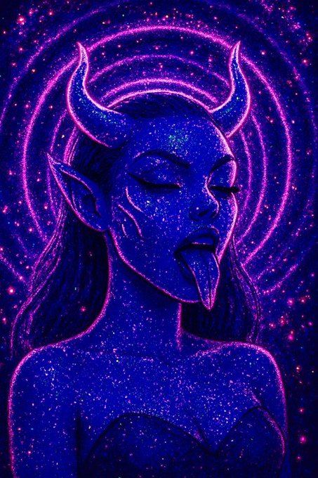A glowing neon-style digital artwork portrays a horned, blue-skinned fantasy figure with pointed ears and a goatee, surrounded by a purple starry aura.