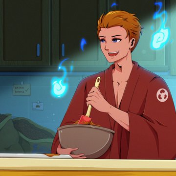 An illustrated character with short orange hair and a red robe stands in a kitchen, holding a pan and stirring with a wooden spoon as blue glowing wisps float nearby.