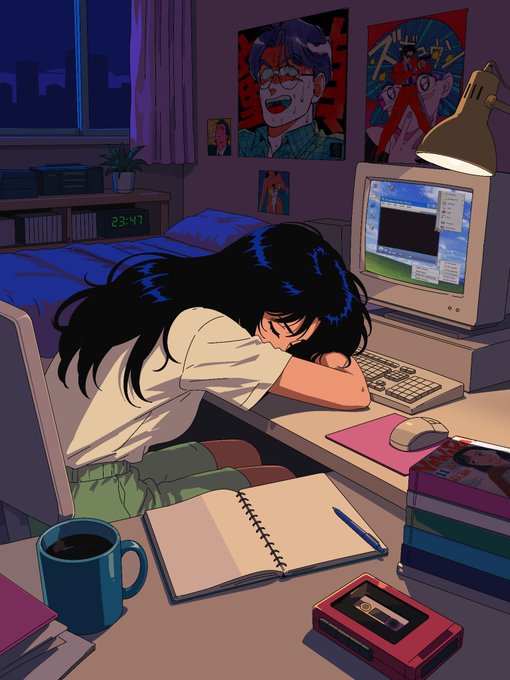A young woman with long black hair rests her head on her desk in a dimly lit bedroom, appearing exhausted as a CRT monitor displays a screen at 23:47, with anime posters on the wall behind her. The image visually echoes the post's late-night, weary vibe of waiting for a mint checker to update on OpenSea, surrounded by nostalgic tech like a cassette tape and flip-clock.