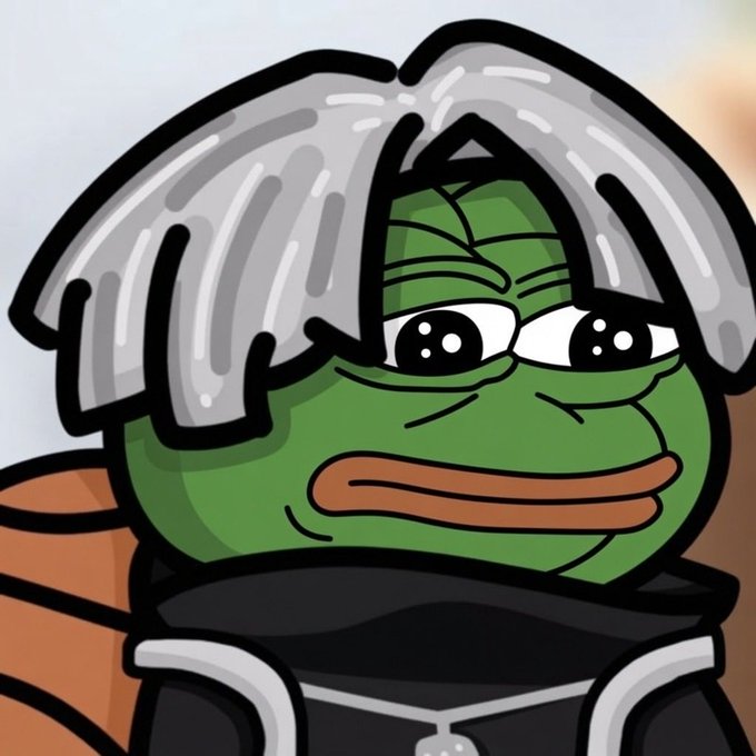 A cartoon image of the Pepe the Frog meme character depicted with a gray bowl-cut hairstyle, wearing a turtle shell and a black outfit.