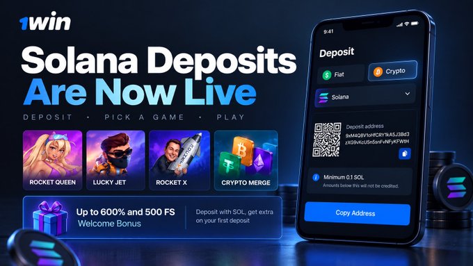 A promotional graphic from 1win announces "Solana Deposits Are Now Live," featuring the platform's blue logo alongside gameplay thumbnails for Rocket Queen, Lucky Jet, Rocket X, and Crypto Merge, plus a deposit offer of up to 600% and 500 free spins. On the right, a smartphone displays the 1win "Deposit" screen with the Crypto tab selected for Solana, showing a deposit address QR code, a 0.1 SOL minimum, and a "Copy Address" button, directly illustrating the post's news about enabling $SOL deposits and withdrawals on @1winPro with sub-second transaction times.