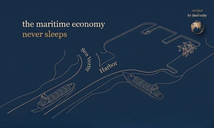 The image features a dark blue illustrated map of maritime shipping routes with container ships, cranes, and ports labeled "Sea Verity" and "Harbor," alongside the text "the maritime economy never sleeps" and a "verified by SeaVerity" badge, visually reinforcing SeaVerity's foundation in real-world shipping operations by EthraShip's parent company.