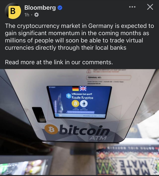 Bloomberg social media post stating that 'The cryptocurrency market in Germany is expected to gain significant momentum... as millions of people will soon be able to trade virtual currencies directly through their local banks,' accompanied by a photo of a Bitcoin ATM displaying 'Kaufe Kryptos.'