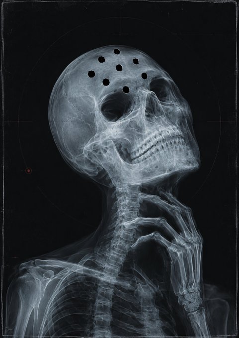 An X-ray style image shows a human skeleton with its hand near its chin, with several dots resembling bullet holes in the skull.