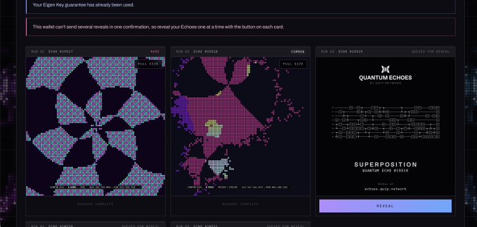 A dark-themed digital dashboard displaying a "QUANTUM ECHOES" interface, featuring grid-based pixel maps and a "SUPERPOSITION" circuit diagram with a purple "REVEAL" button.
