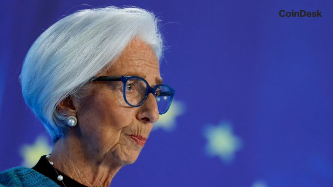 A CoinDesk image showing a side profile of Christine Lagarde, the President of the European Central Bank, wearing blue-rimmed glasses against a blue background with EU stars.